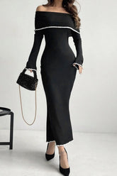 Contrast Trim Off-Shoulder Long Sleeve Maxi Sweater Dress OutfitFlow